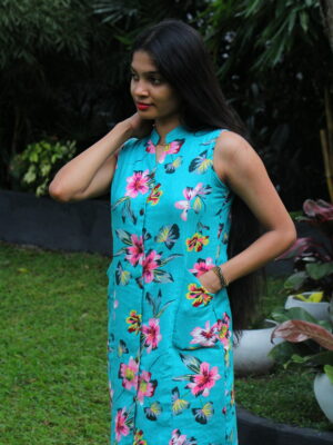 Teal Floral A-line Midi Dress