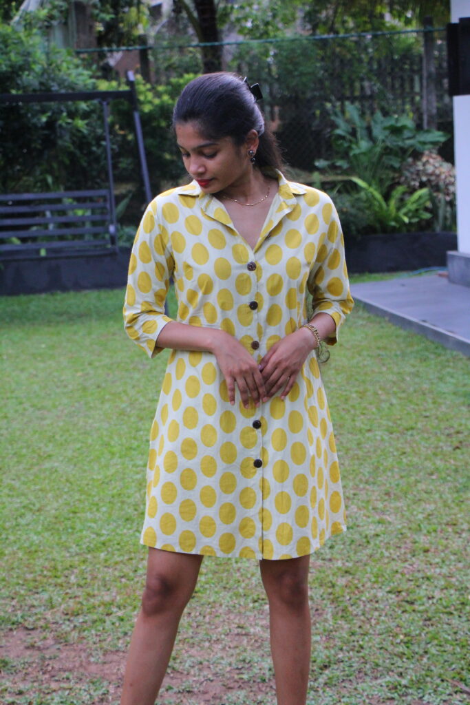 Gold dotted Long Sleeve Collared Dress