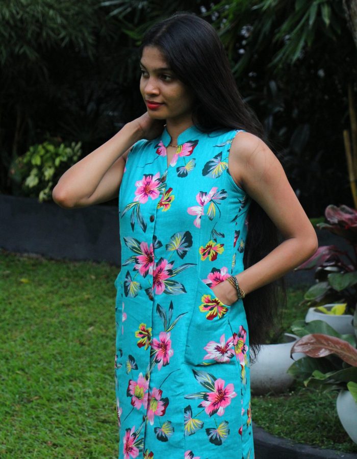 Teal Floral A-line Midi Dress